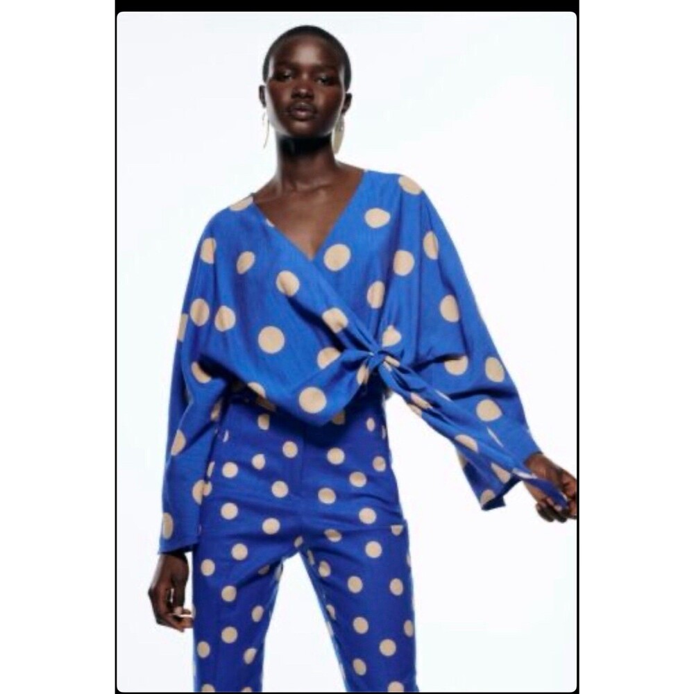 Zara Blue Polka Dot Wrap Style Top Size Large Blogger Favorite